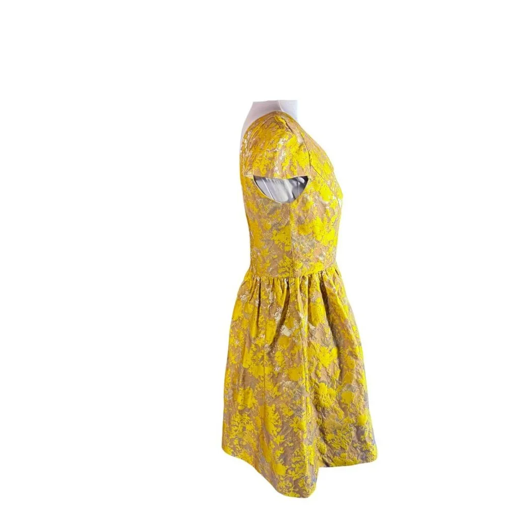 Yellow & Silver Floral Cap Sleeve Dress By Minuet S V-Neck Back Zipper - Picture 8 of 9